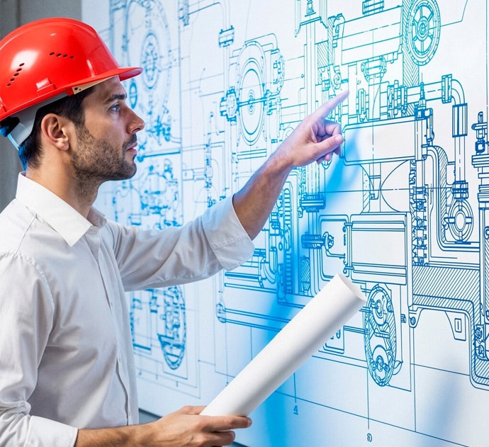 Engineer in hard hat analyzing technical blueprint in Pensacola, FL.
