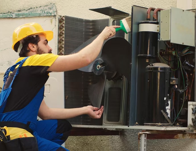 Technician cleaning and maintaining an HVAC unit for municipal infrastructure.