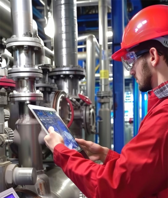 Engineer inspecting industrial equipment with tablet in manufacturing plant.