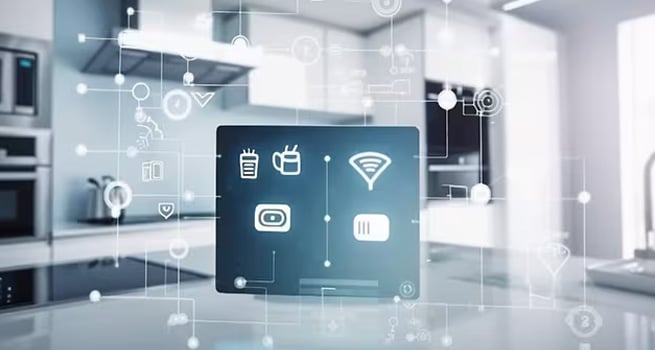 Smart home control panel with Wi-Fi and device icons in modern kitchen.