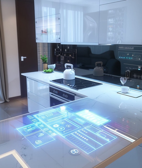 Modern kitchen with smart touchscreen interface and sleek design.