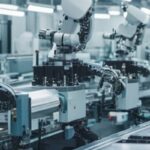 Industrial robotic arms in a high-tech manufacturing facility.