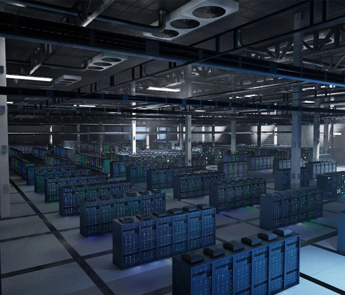 Modern data center with server racks and cooling systems for IT infrastructure.