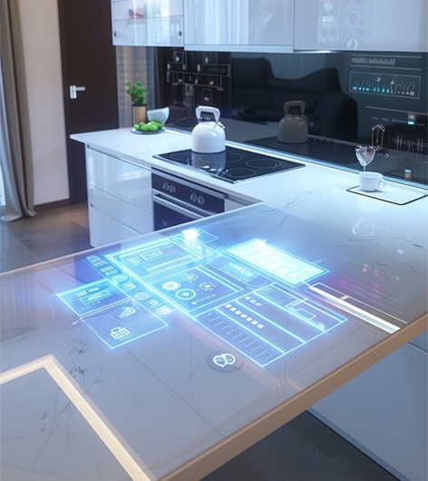 Modern kitchen with holographic smart interface on the countertop.