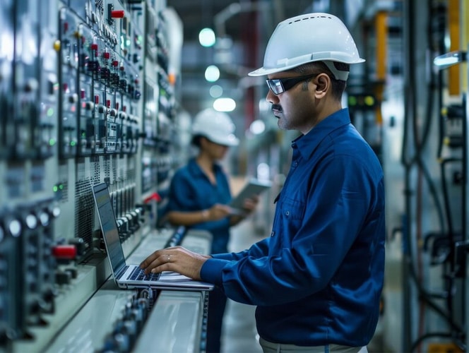 Industrial technician using laptop in manufacturing plant control room.