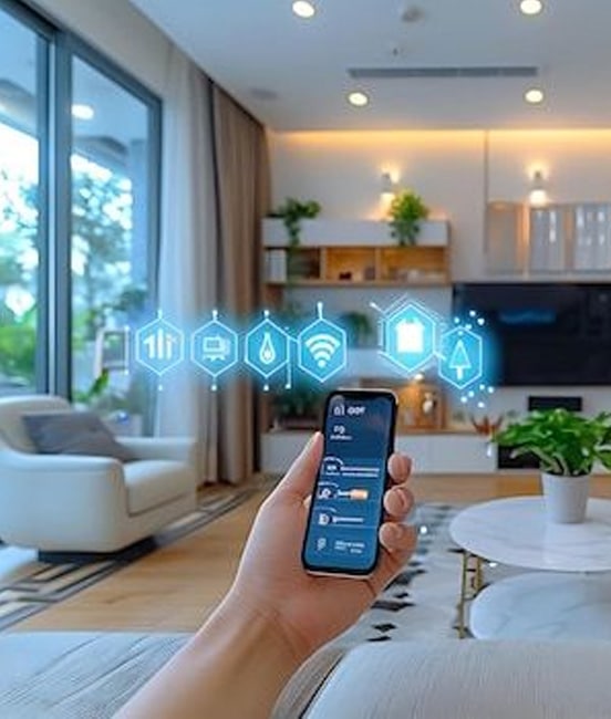 Smart home automation system controlled via smartphone in living room.