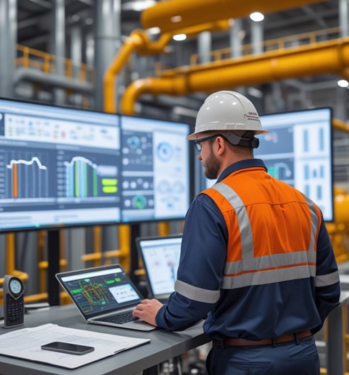 Engineer monitoring industrial systems on multiple screens in a control room.