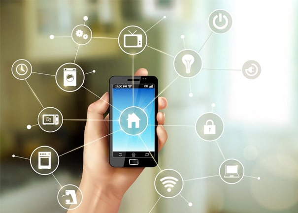 Smart home control via smartphone with connected devices and IoT icons.