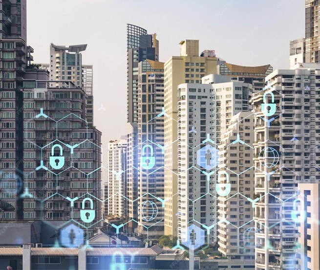 Cityscape with digital security icons representing smart city technology.
