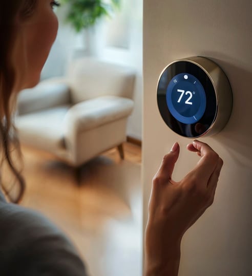 Woman adjusting a smart thermostat set to 72°F in a cozy living room.