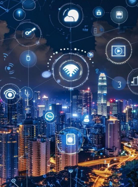 City skyline with digital smart city icons and connectivity symbols.