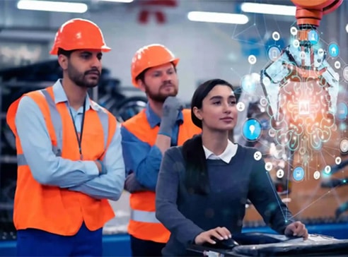 Women and men in safety gear working with AI robotic arm in factory.