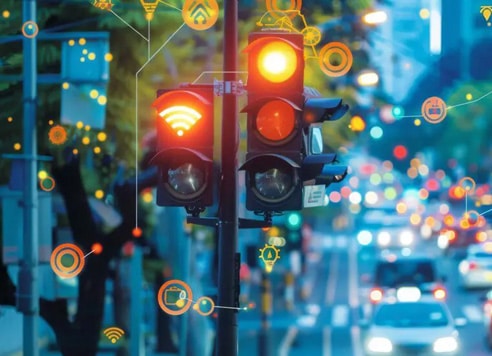 Smart traffic light with IoT icons and digital network overlay.
