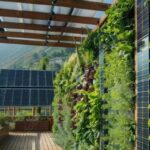 Vertical garden with solar panels on a balcony overlooking mountains.
