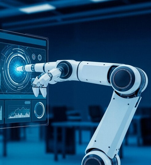 Robotic arm interacting with digital interface for automation.