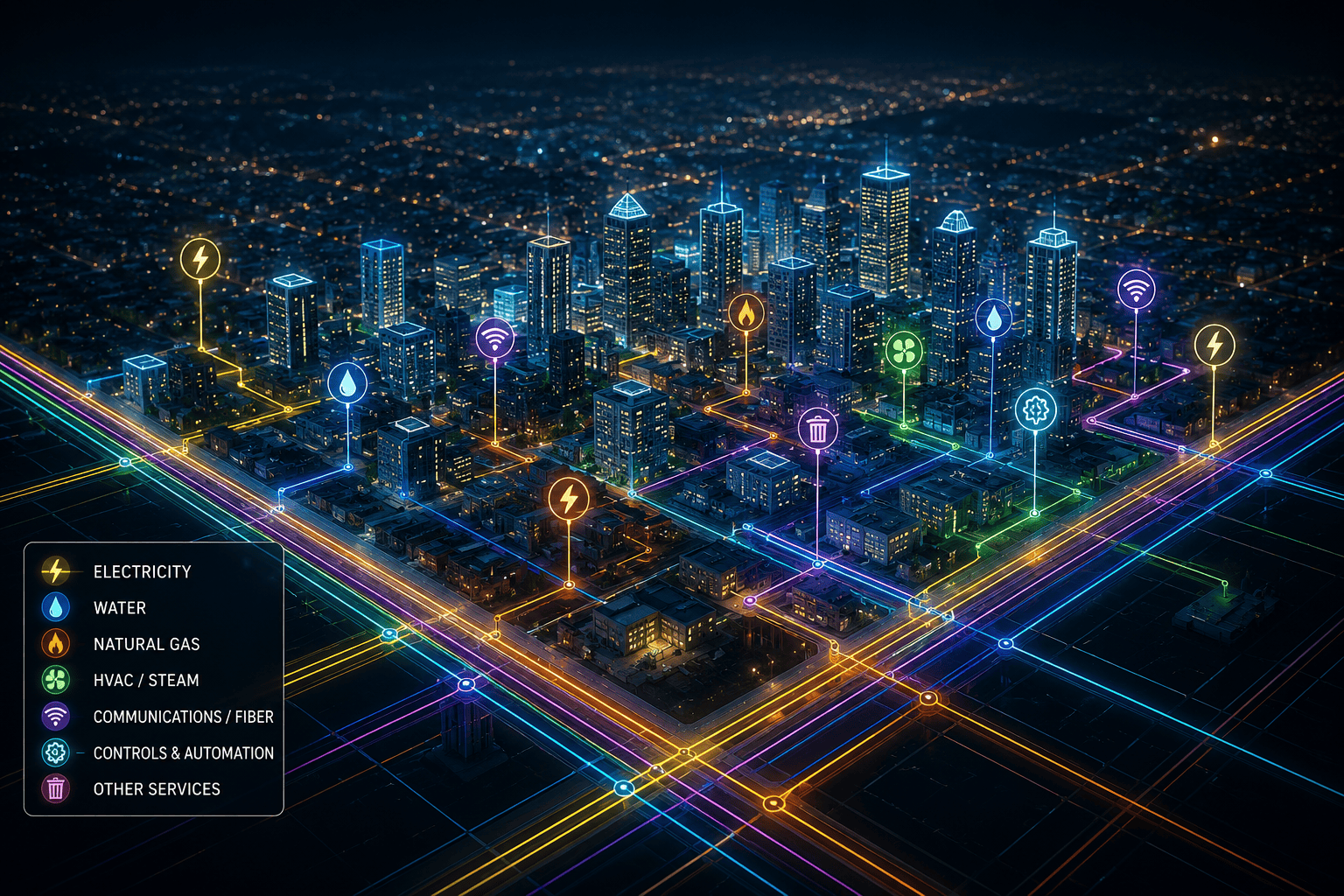 A high-tech cityscape featuring illuminated skyscrapers and a digital grid overlay, representing advanced connected urban technologies.
